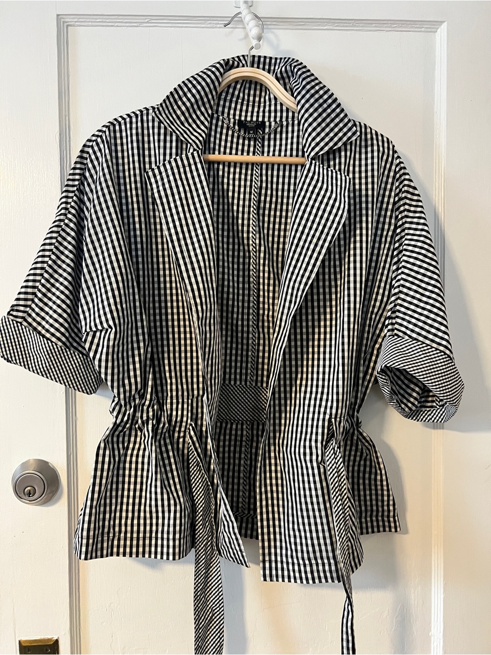 Talbots Black & White Gingham Tie-Waist Jacket Balloon Sleeve Women’s M petit